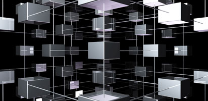黒い空間に四角い箱が何個も線で繋がって浮いている、ネットワークを想像できる画像